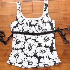 White House Black Market Tank Top Floral Silk Empire Waist, Womens L Black White